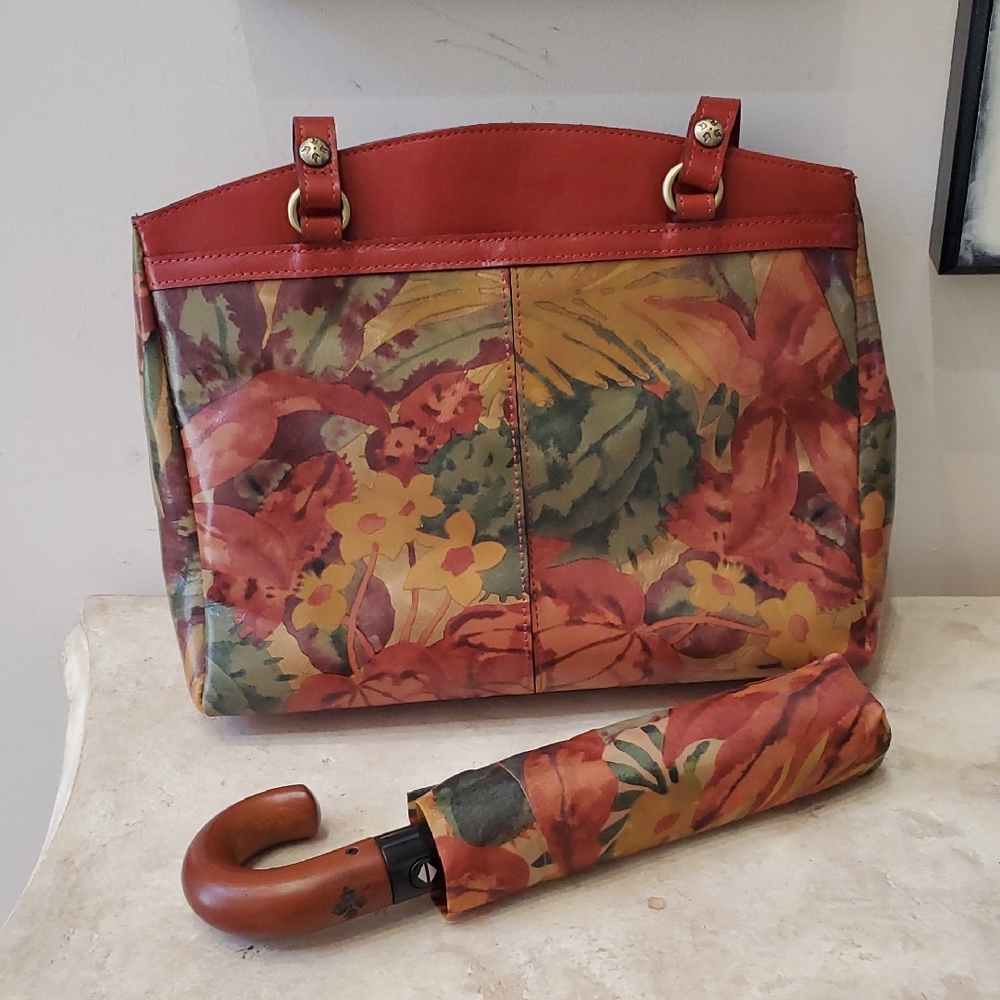 Patricia Nash Multicolor Floral Tote with Red Trim and Matching Umbrella